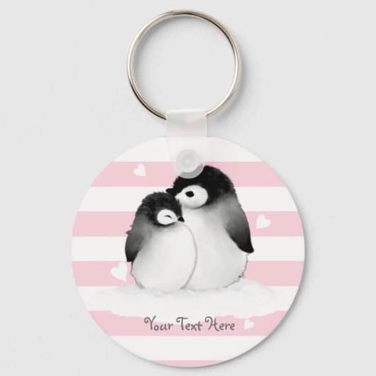 Aangepaste Penguin Heart Button Sleutelhanger Roze (Voorkant)