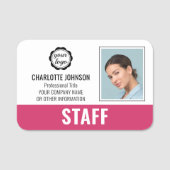 Aangepaste Personeel ID Logo Foto Logo Roze Magnet Naamplaatje (Voorkant)