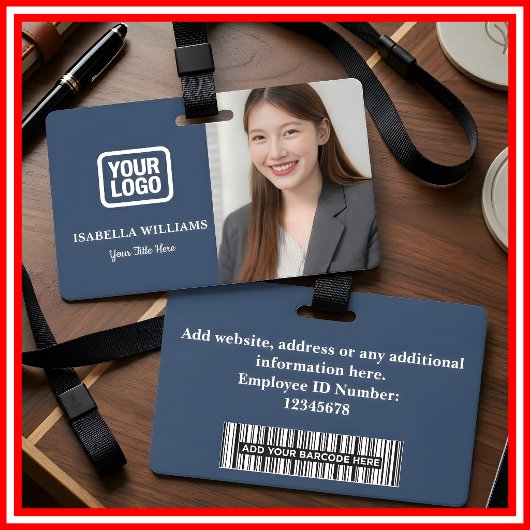 Aangepaste personeelsfoto, streepjescode, logo, na badge