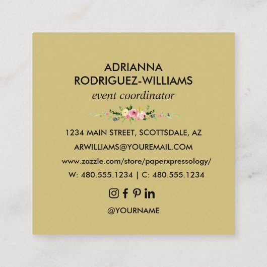 Aangepaste persoonlijke Blush boho Flowers Name Sm Vierkante Visitekaartje (Achterkant)