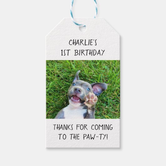 Aangepaste persoonlijke foto-uppy Dog Birthday Par Cadeaulabel (Voorkant)