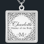Aangepaste persoonlijke moeder van het Bride-Ketti Zilver Vergulden Ketting<br><div class="desc">Verander de datum, verander de doopvont als u van een andere beter houdt en selecteer dan uw achtergrondkleur en u hebt een geweldige cadeau van de bruidspartij of trouwjuwelen! Een zwarte calligrafische wervelachtergrond is bedekt op om het even welke kleur u selecteert. Als u de achtergrondkleur wilt wijzigen, selecteert u...</div>