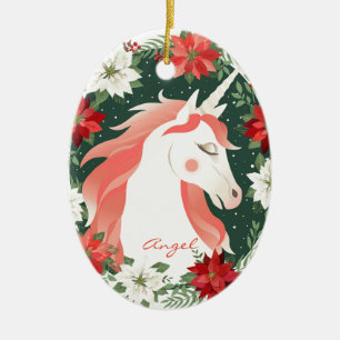 Aangepaste persoonlijke Poinsettia Unicorn Horse Keramisch Ornament