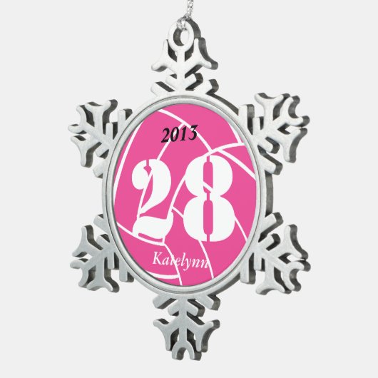 Aangepaste persoonlijke roze volleybalversiering tin sneeuwvlok ornament (Rechts)