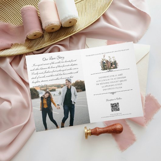 Aangepaste perzik boek-thema bruiloft uitnodiging