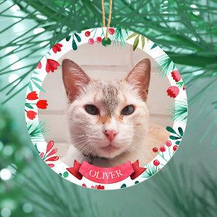 Aangepaste Pet Cat Photo Waterverf Botanicals Keramisch Ornament