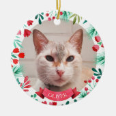 Aangepaste Pet Cat Photo Waterverf Botanicals Keramisch Ornament (Voorkant)