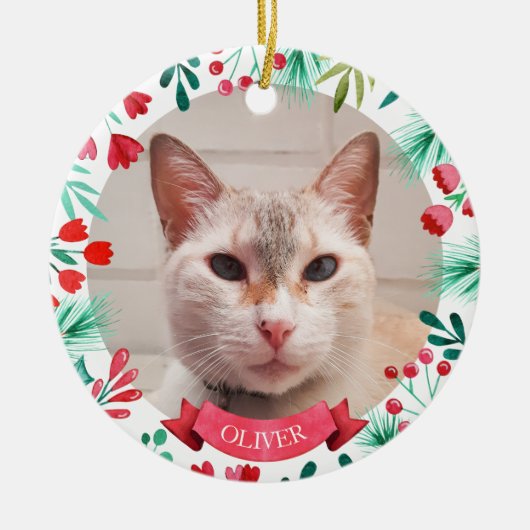 Aangepaste Pet Cat Photo Waterverf Botanicals Keramisch Ornament (Voorkant)
