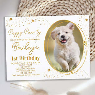 Aangepaste Pet Foto Gold Stars Puppy Dog Birthday Uitnodiging Briefkaart