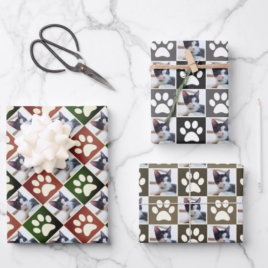 Aangepaste Pet Foto Kat en Hond Poot Print Patroon Inpakpapier Vel (Voorkant)