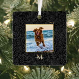 Aangepaste Pet Naam Foto Zwart Botanisch Metalen Ornament