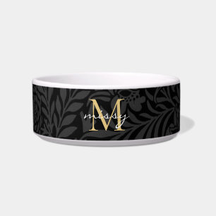 Aangepaste Pet Name Black Botanical Gold Script Voerbakje
