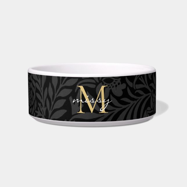 Aangepaste Pet Name Black Botanical Gold Script Voerbakje (Voorkant)