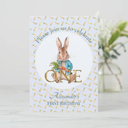 Aangepaste Peter de konijn Eerste Verjaardag Kaart (Staand voorkant)
