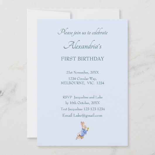 Aangepaste Peter de konijn Eerste Verjaardag Kaart (Achterkant)