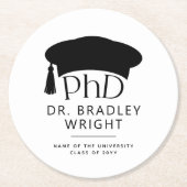 Aangepaste PhD Doctorshoed Doctoraat Afstuderen Ronde Kartonnen Onderzetter (Voorkant)