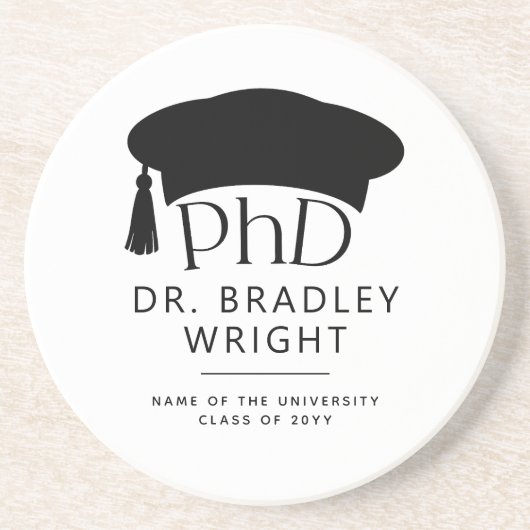 Aangepaste PhD Doctorshoed Doctoraat Afstuderen Zandsteen Onderzetter (Voorkant)
