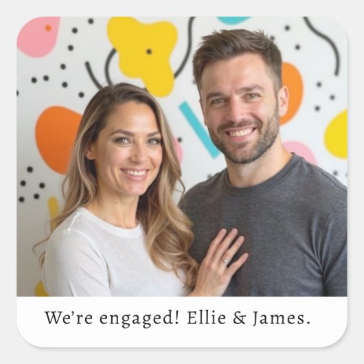 Aangepaste Photo Name Verloving Announcement Scrip Vierkante Sticker (Voorkant)