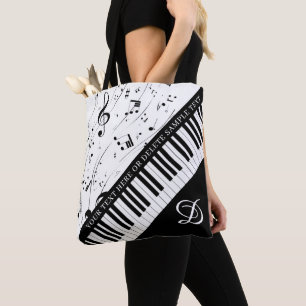 Aangepaste Piano Muzieknoten Monogram Zwart Wit Tote Bag