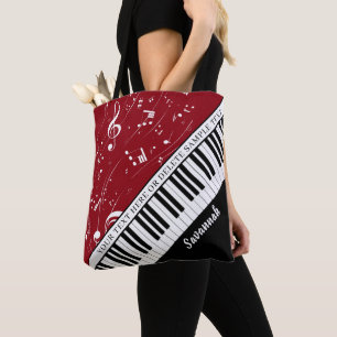 Aangepaste Piano-Muzieknoten Script Name Black Red Tote Bag