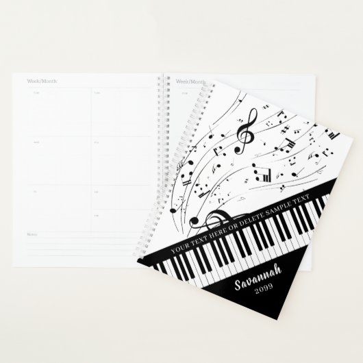 Aangepaste Piano Muzieknoten Script Name Black Whi Planner (Display)