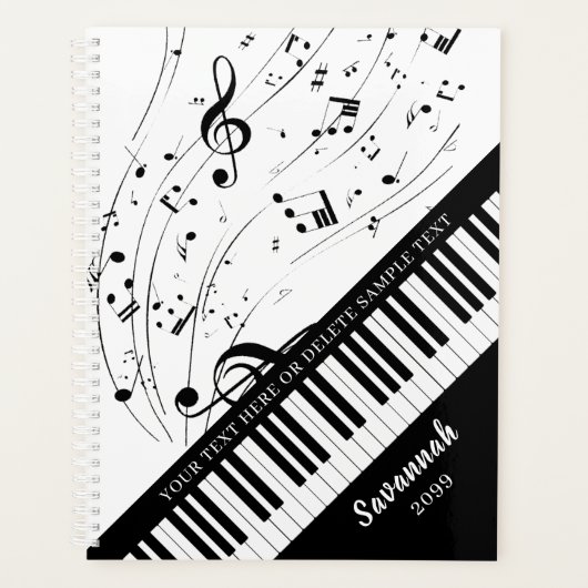 Aangepaste Piano Muzieknoten Script Name Black Whi Planner (Voorkant)