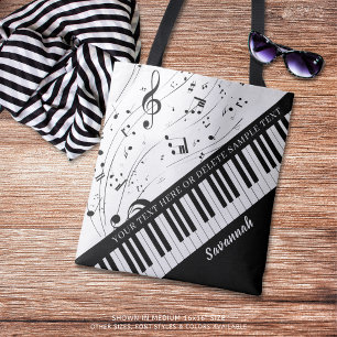 Aangepaste Piano Muzieknoten Script Name Black Whi Tote Bag
