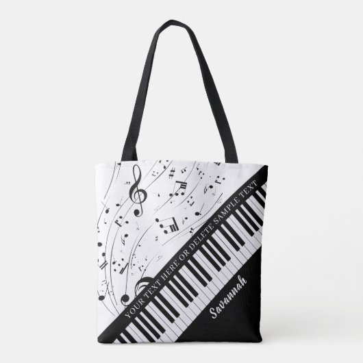 Aangepaste Piano Muzieknoten Script Name Black Whi Tote Bag (Achterkant)