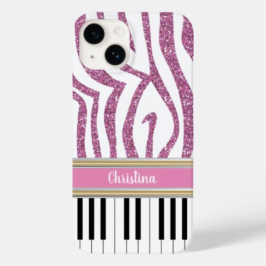 Aangepaste piano-toetsen Roze Glitter Zebra Afdruk Case-Mate iPhone Case (Achterkant)