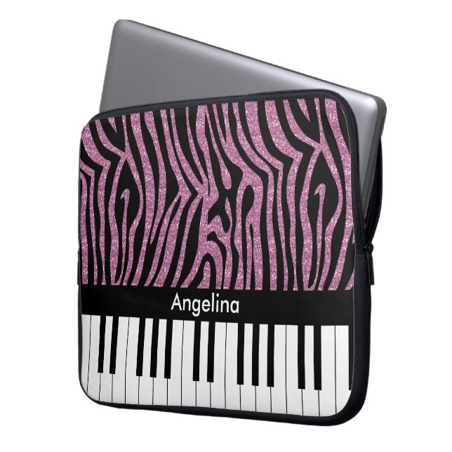 Aangepaste piano-toetsen Roze Glitter Zebra Afdruk Laptop Sleeve (Voorkant Links)