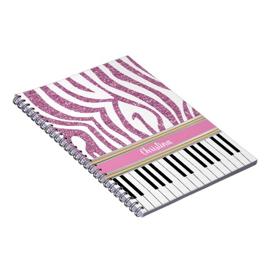 Aangepaste piano-toetsen Roze Glitter Zebra Afdruk Notitieboek (Rechterzijde)