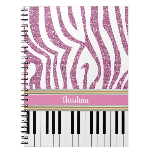 Aangepaste piano-toetsen Roze Glitter Zebra Afdruk Notitieboek (Voorkant)