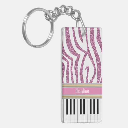Aangepaste piano-toetsen Roze Glitter Zebra Afdruk Sleutelhanger (Voorkant Links)