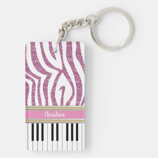 Aangepaste piano-toetsen Roze Glitter Zebra Afdruk Sleutelhanger (achterkant)