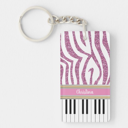 Aangepaste piano-toetsen Roze Glitter Zebra Afdruk Sleutelhanger (Voorkant)