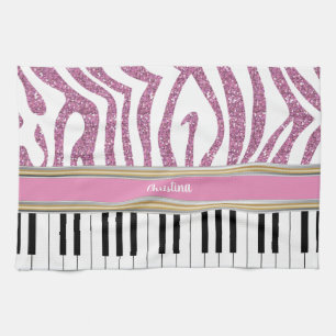 Aangepaste piano-toetsen Roze Glitter Zebra Afdruk Theedoek