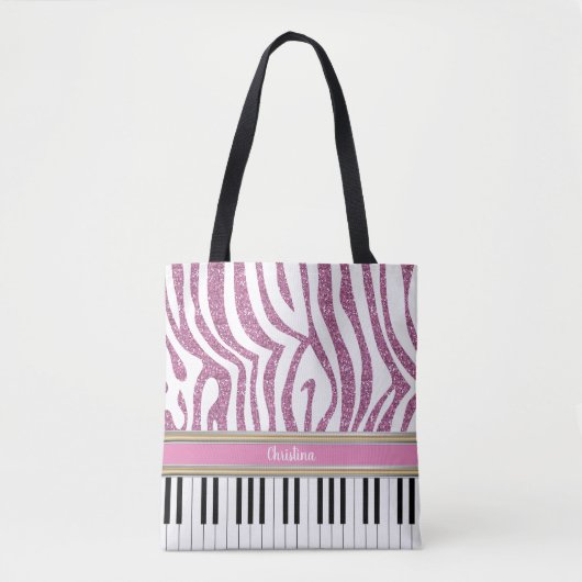 Aangepaste piano-toetsen Roze Glitter Zebra Afdruk Tote Bag (Voorkant)