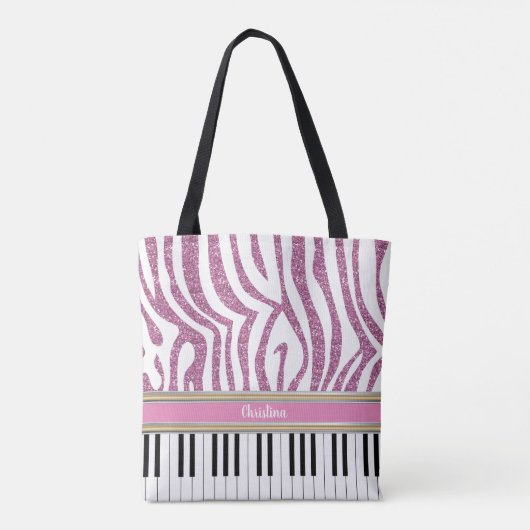 Aangepaste piano-toetsen Roze Glitter Zebra Afdruk Tote Bag (Achterkant)