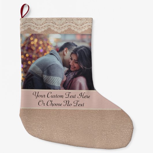 Aangepaste Pic/Text Dusty Roos Gold Girly kant Grote Kerstsok (Voorkant)