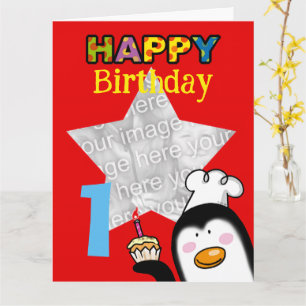 Aangepaste Pinguïn 1e Verjaardag Fotokaart Kaart