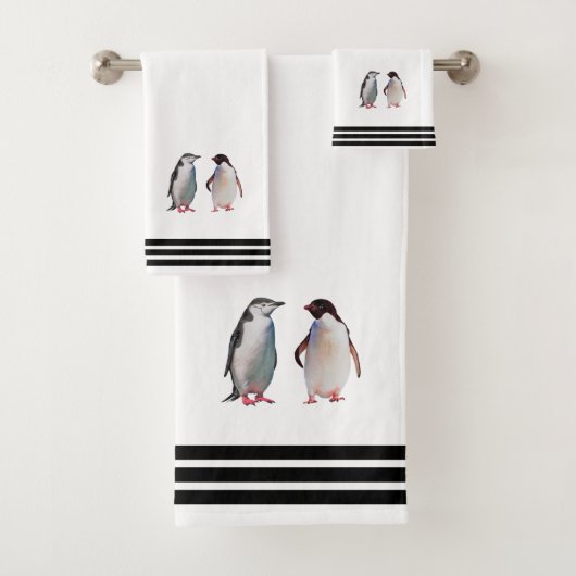 Aangepaste Pinguïns & Drie Zwarte Strepen op Wit Bad Handdoek (Insitu)