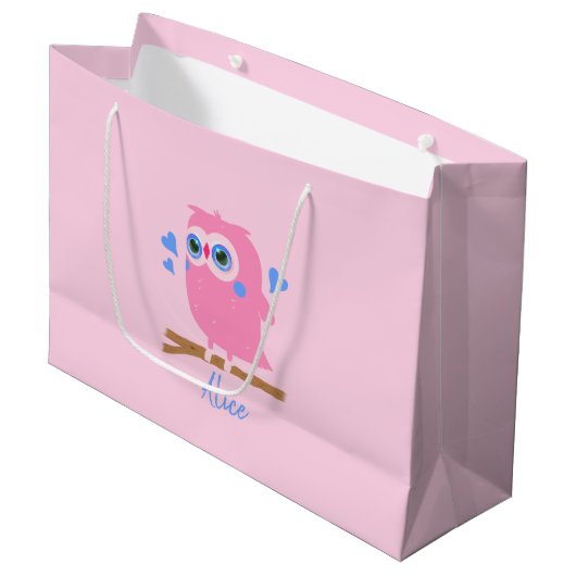 Aangepaste PInk Owl Gift Bag Groot Cadeauzakje (Voorkant Gekanteld)