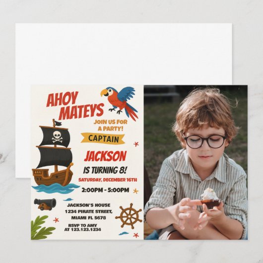 Aangepaste Pirate Verjaardag Uitnodiging met foto (Voorkant / Achterkant)