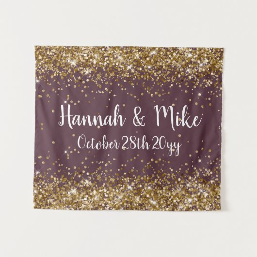 Aangepaste Plum Paarse Gouden Bruiloftsfotocabine  Wandkleed (Voorkant (horizontaal))