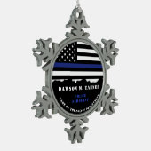 Aangepaste politiefunctionaris-waardering in blauw tin sneeuwvlok ornament (Links)