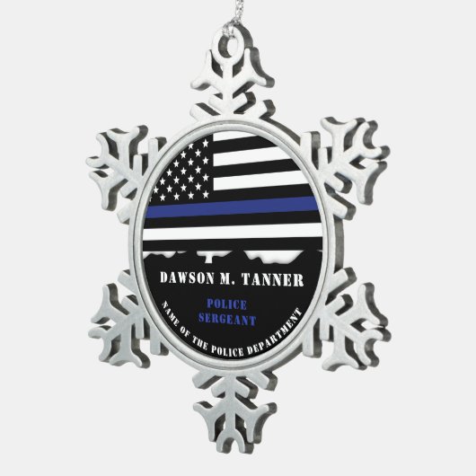 Aangepaste politiefunctionaris-waardering in blauw tin sneeuwvlok ornament (Rechts)