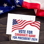 Aangepaste politieke kandidaat 2024 verkiezingscam briefkaart<br><div class="desc">politieke campagnekandidaten briefkaarten met de Amerikaanse vlag op de top van jouw tekst in rood,  wit en blauw. Voeg je keuze voor president of andere politieke kantoor toe aan de verkiezingen van 2024. Vette aangepaste tekst.</div>