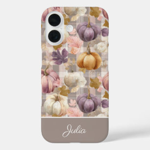 Aangepaste pompoen en bloemen geruit patroon iPhone 16 hoesje