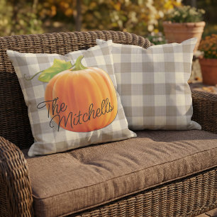 Aangepaste Pompoen Herfst Beige Bruin Gingham Patr Buitenkussen