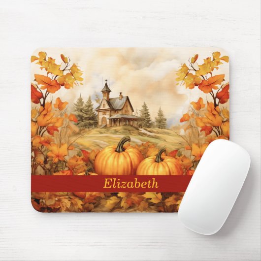 Aangepaste Pompoen Herfst Leaf Church Thanksgiving Muismat (Met muis)